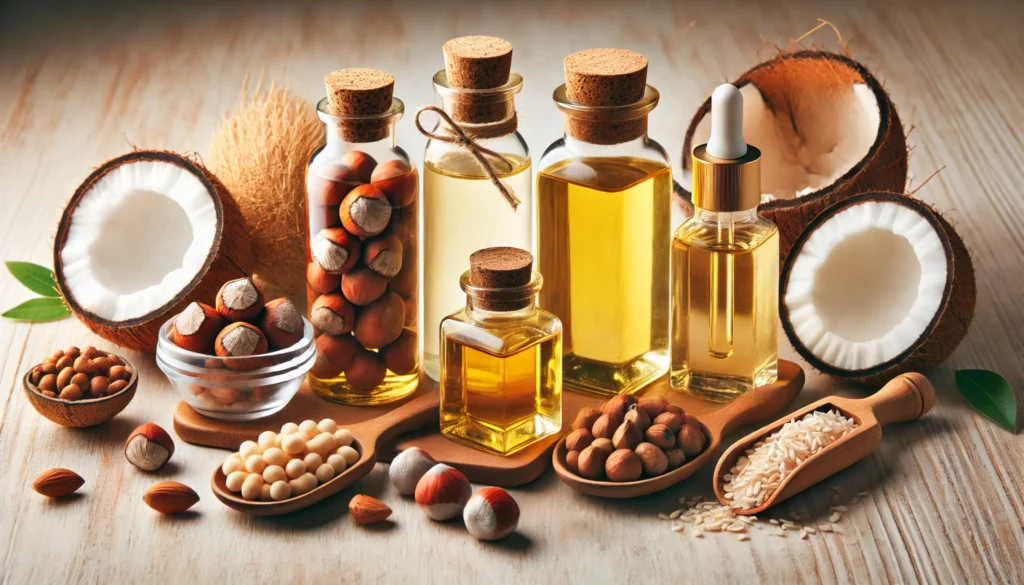 Bottles of hazelnut oil vs other natural oils including coconut, jojoba, and argan displayed with their nuts and seeds.