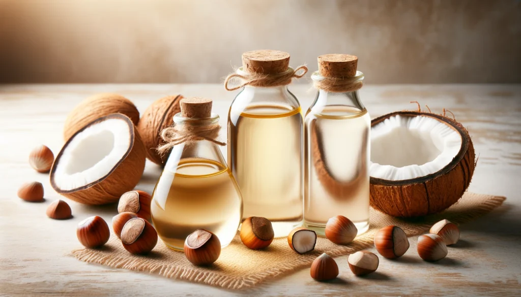 Bottles of hazelnut oil and coconut oil displayed with their nuts and seeds.