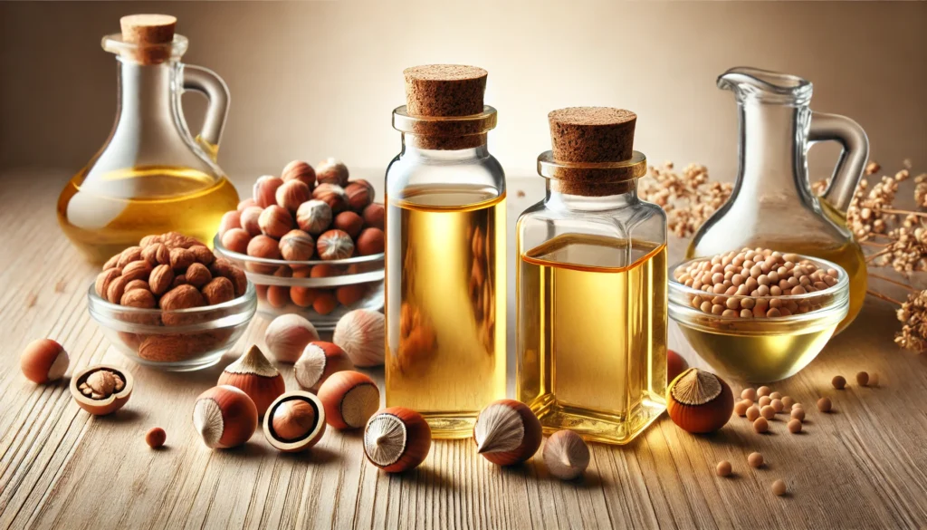 Elegant arrangement of hazelnut oil and jojoba oil in clear bottles, displayed with hazelnuts and jojoba seeds on a rustic wooden table.