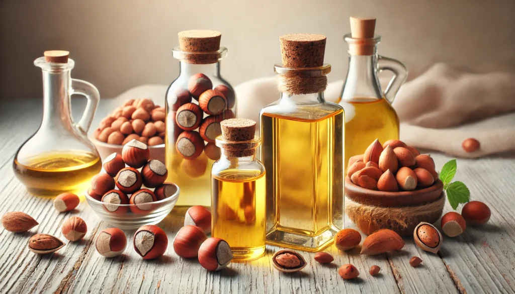 Elegant arrangement of hazelnut oil and argan oil in clear bottles, displayed with hazelnuts and argan nuts on a rustic wooden table.