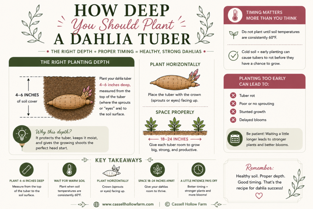 Educational infographic explaining how deep to plant a dahlia tuber, including proper planting depth, spacing, timing, and common mistakes to avoid for healthy dahlia growth.