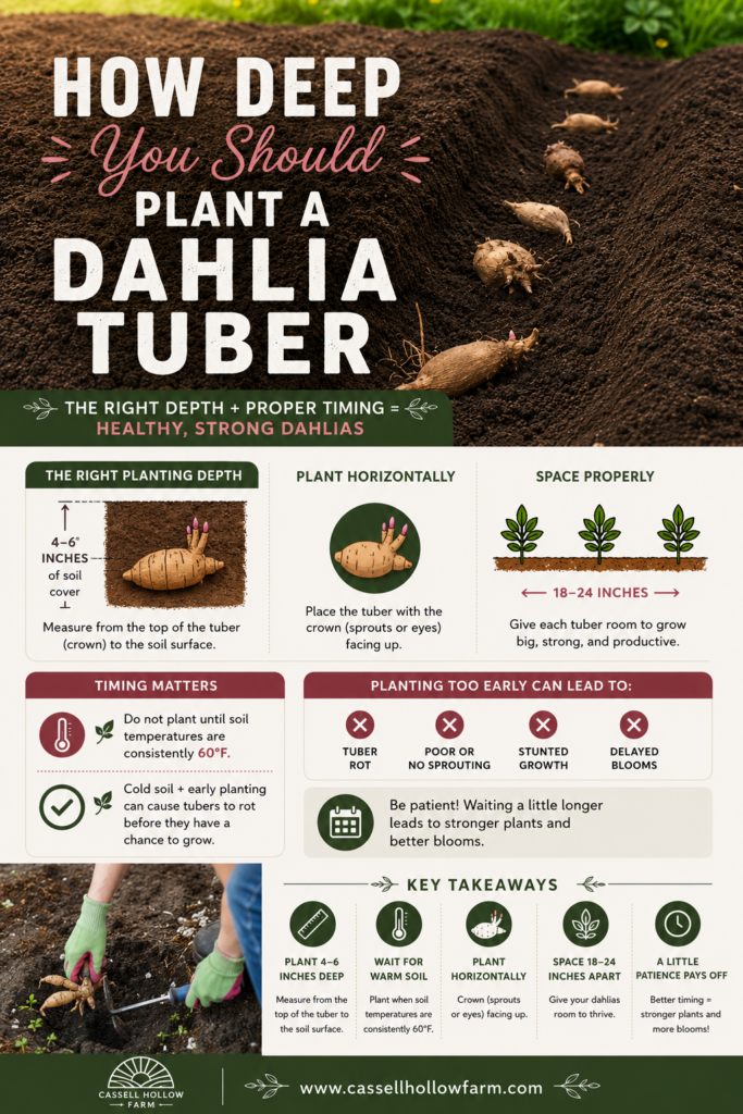 Pinterest infographic explaining how deep to plant a dahlia tuber, featuring freshly planted dahlia tubers in rich garden soil alongside visual planting guides for depth, spacing, and timing.