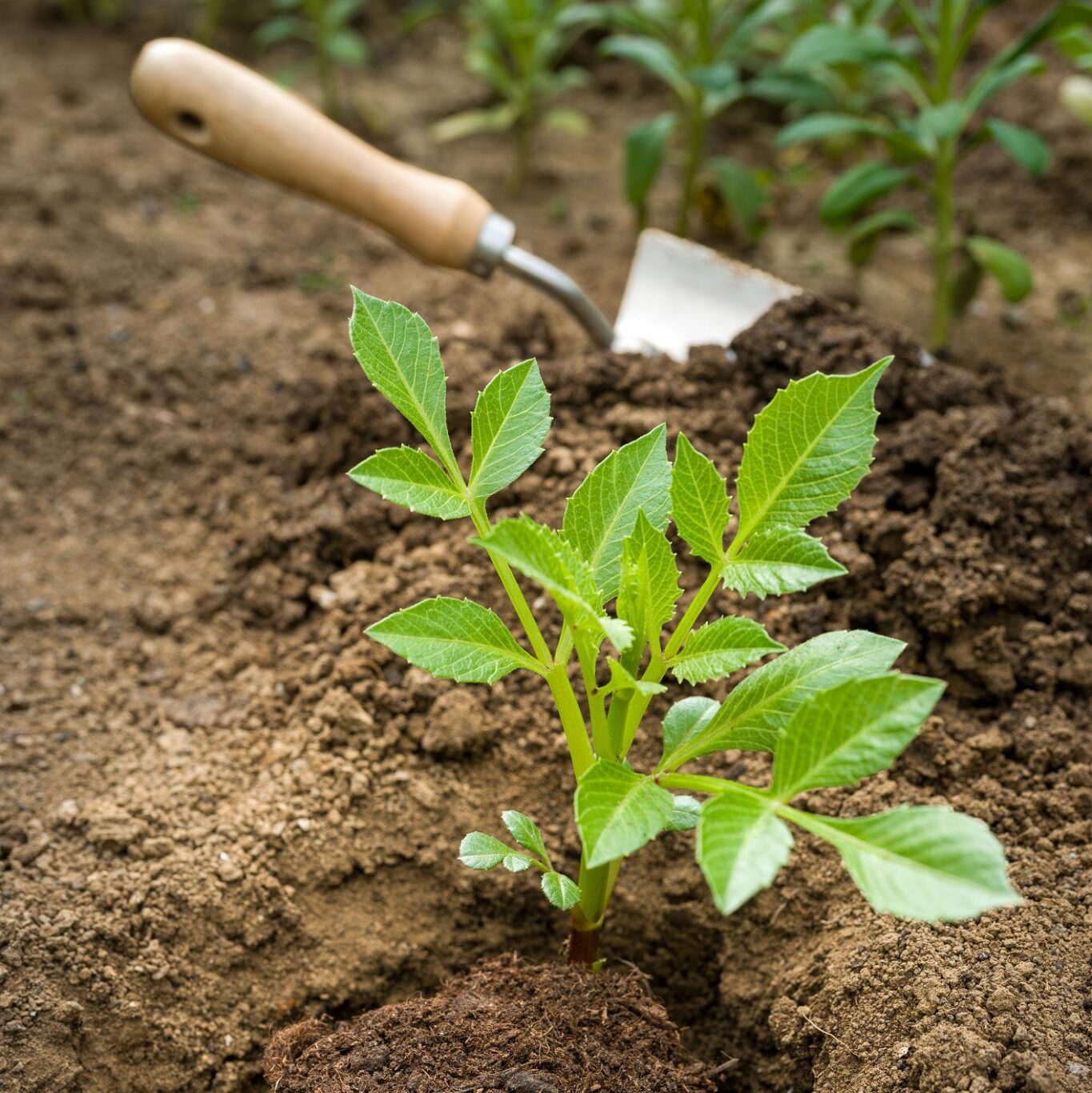 Young dahlia plant with fresh green growth being planted into a garden bed beside a hand trowel and freshly turned soil.