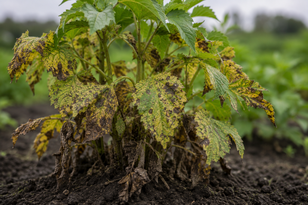 Dahlia plant with yellowing leaves, brown and black leaf spots, and severe foliage damage caused by disease.