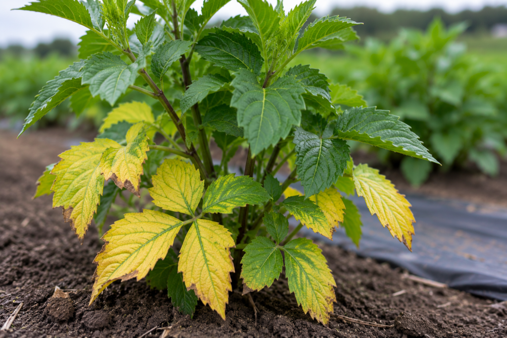 Dahlia plant with yellowing lower leaves and healthy green upper growth showing signs of a nutrient deficiency.