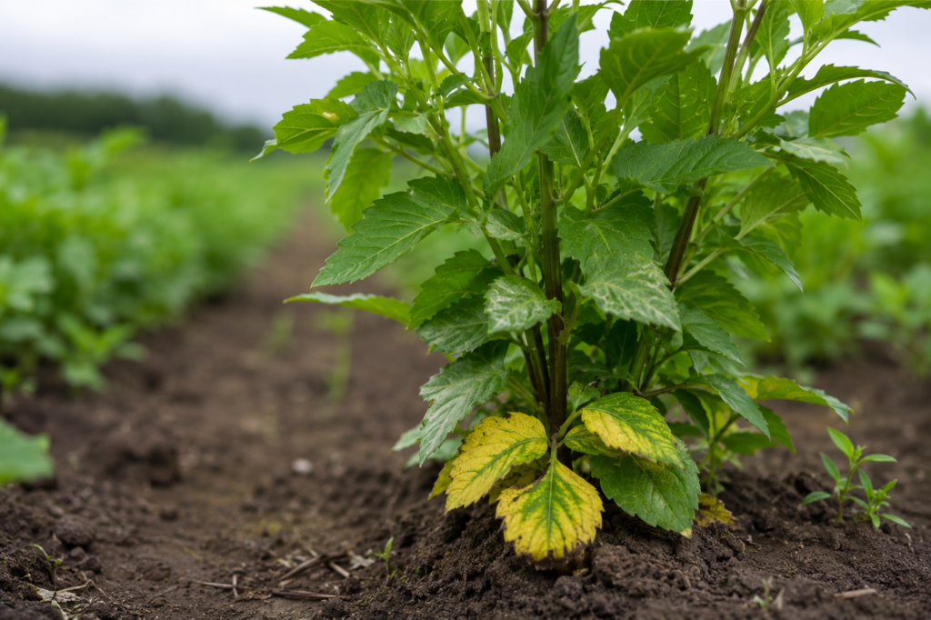 Healthy dahlia plant growing in a Wisconsin flower field with a few yellow lower leaves near the base and healthy green foliage above.