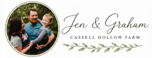 Signature graphic featuring a circular family photo of Jen, Graham, and Emmons Cassellius alongside the Cassell Hollow Farm name and botanical branch illustration.