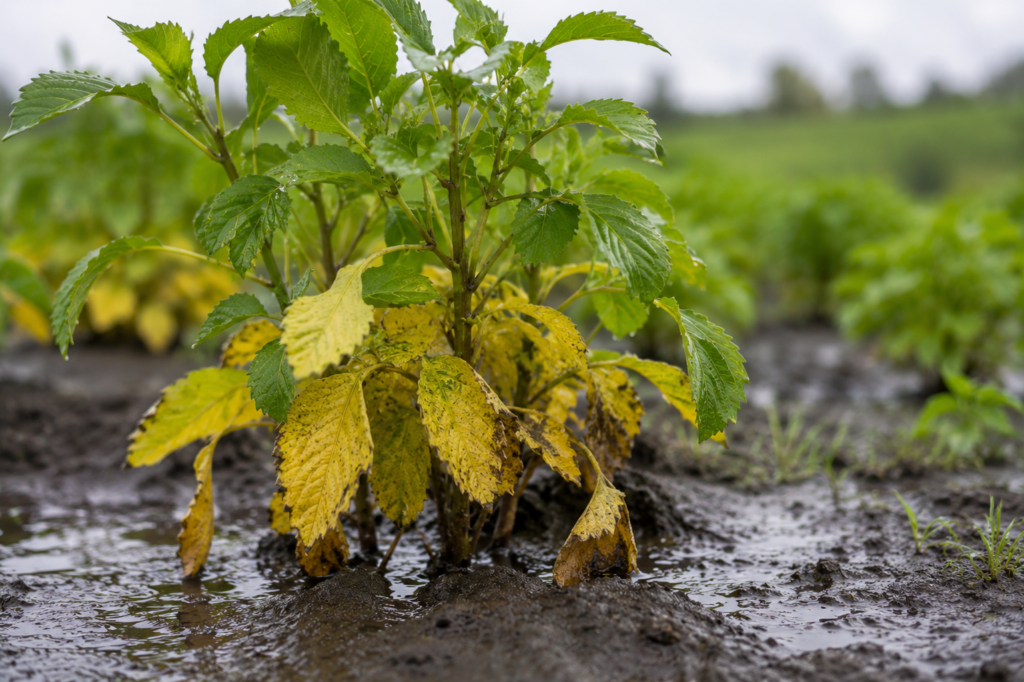 Dahlia plant growing in waterlogged soil with yellowing lower leaves and signs of overwatering on a Wisconsin flower farm.