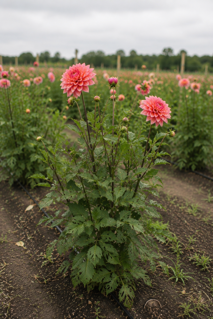 Pinched dahlia plant growing in a flower farm field with multiple stems, blooms, and developing flower buds.