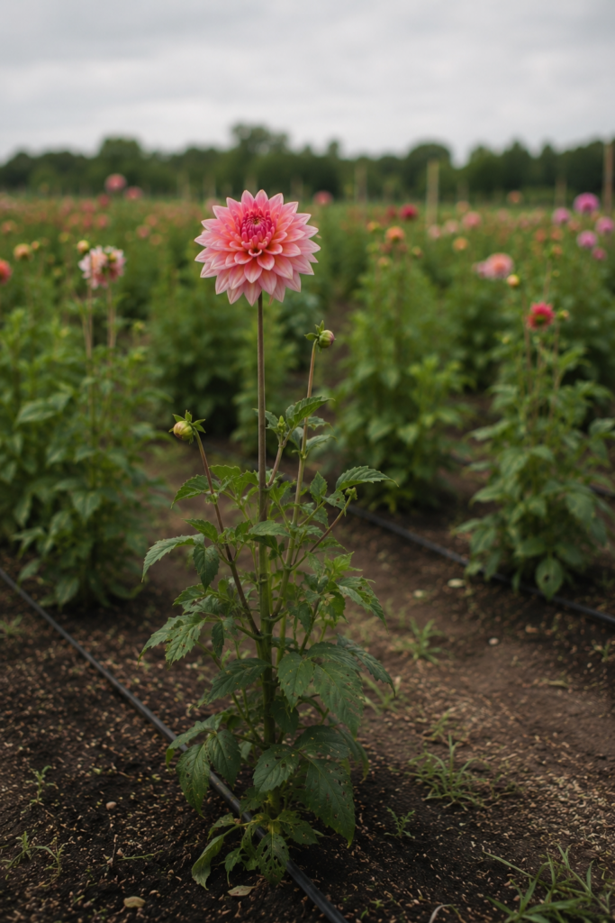 Unpinched dahlia plant growing in a flower farm field with a single dominant stem and one open bloom.