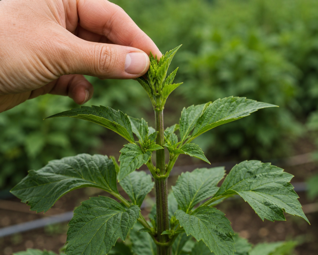 Hand demonstrating where to pinch the growing tip of a young dahlia plant to encourage branching and more flowers.