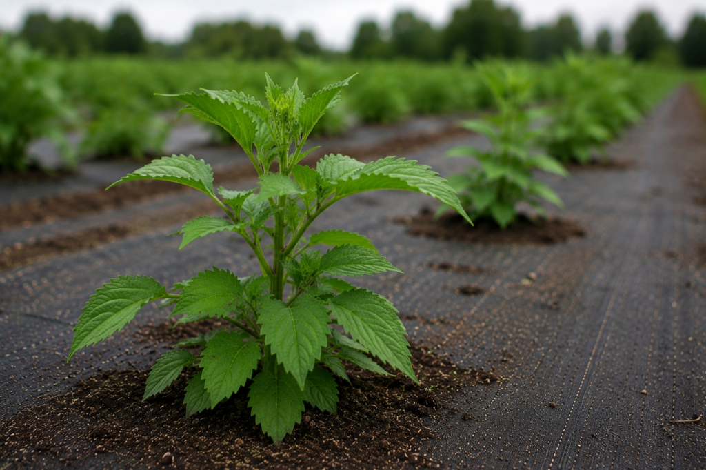 Healthy young dahlia plant growing in a flower farm field at the ideal stage for pinching to encourage branching.